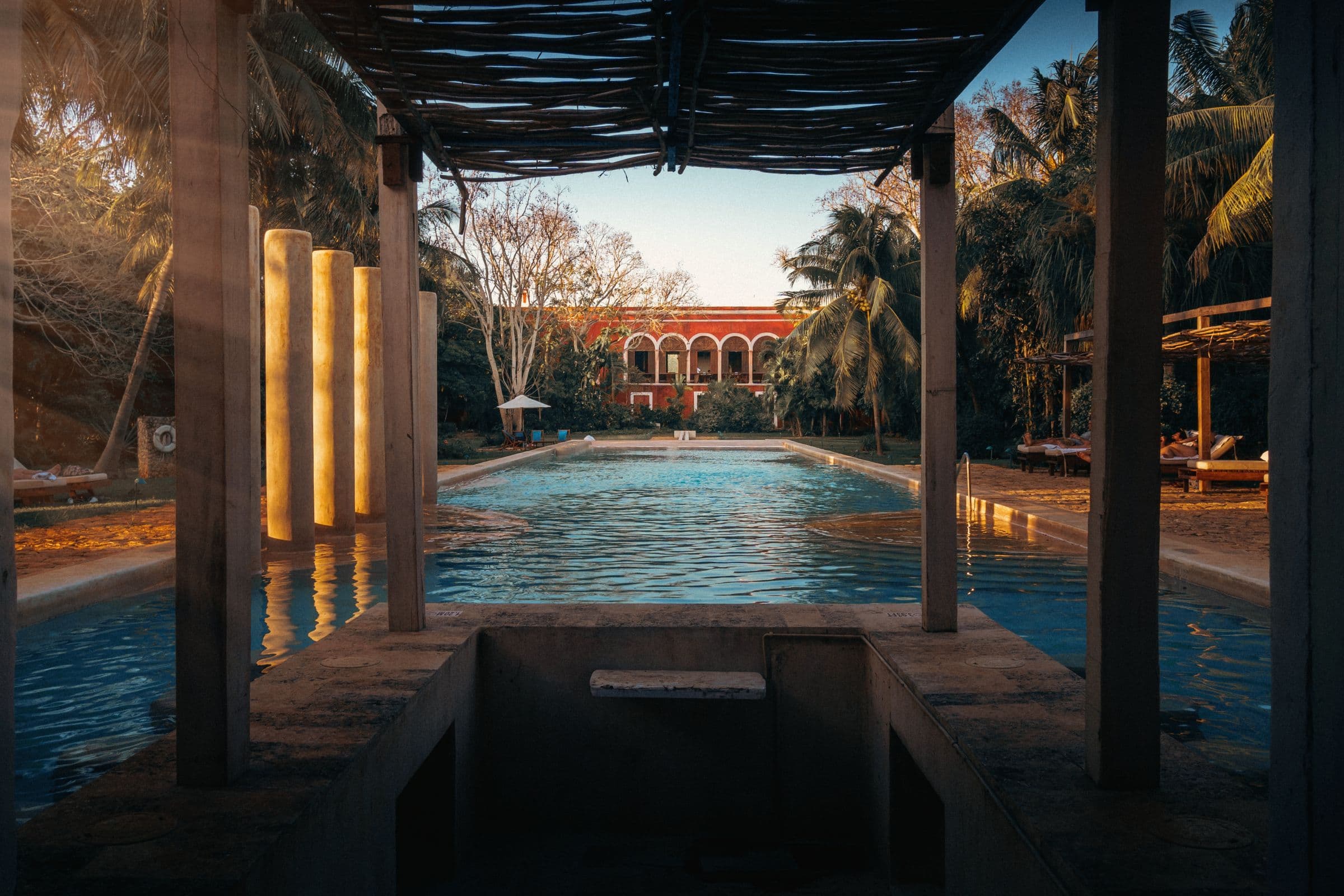 Colonial hacienda courtyard with palms in Yucatán