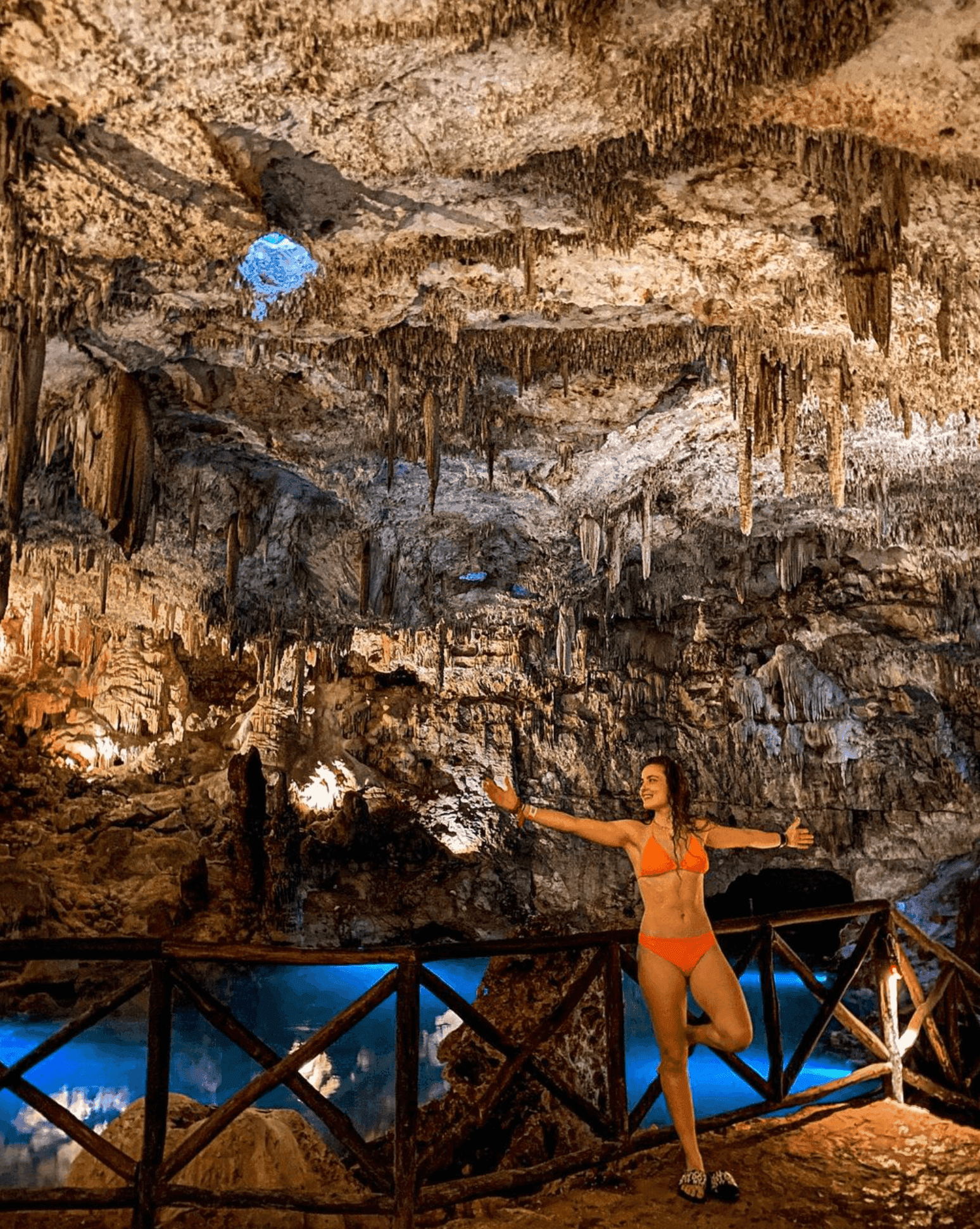 Stalactites and the developed walkway inside Cenote Zazil Tunich